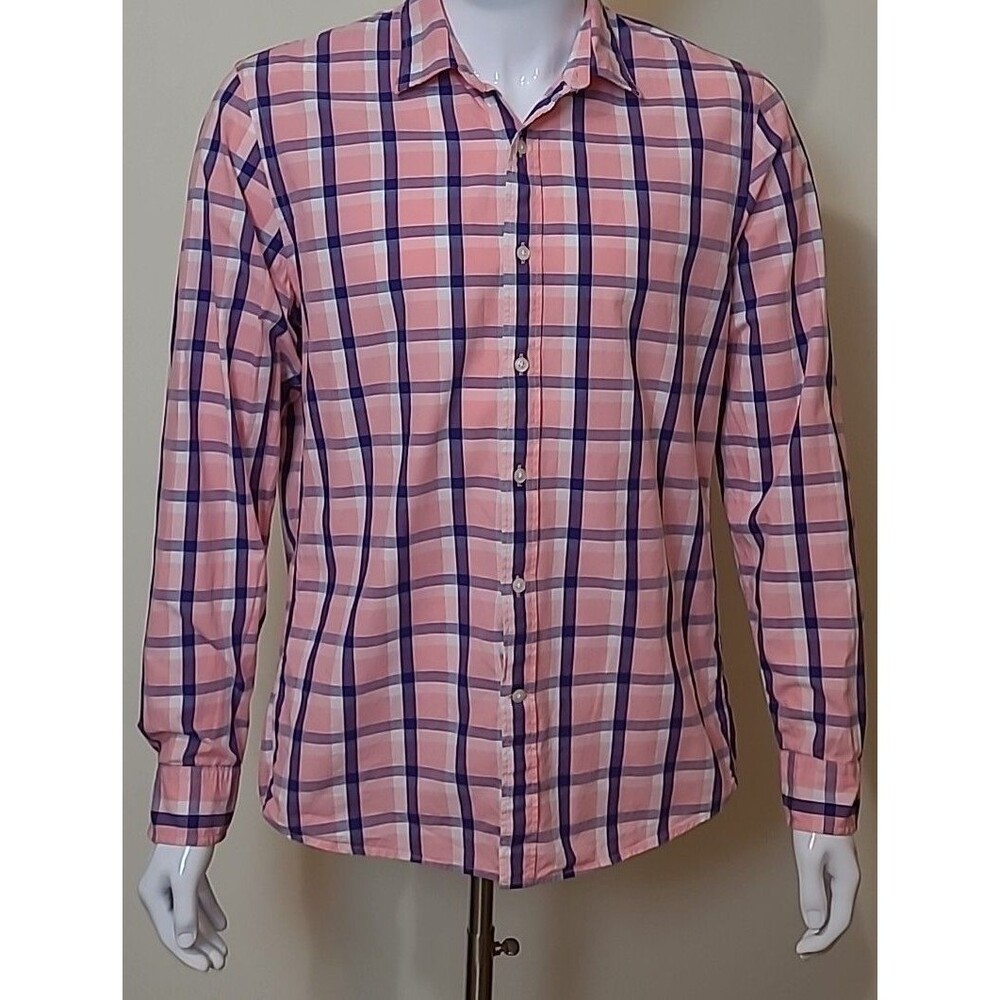 Goodthreads Mens Slim Long Sleeve Check Plaid Pink Blue Button Up Shirt  Large